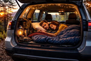 samochód zaparkowany nocą spokojny parking podróż nocleg w aucie