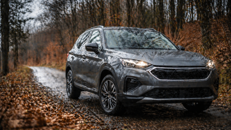 nowoczesny suv na mokrej leśnej drodze jesienią