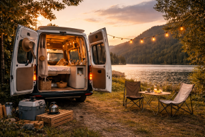 vanlife w Polsce camper nad jeziorem podróżowanie samochodem