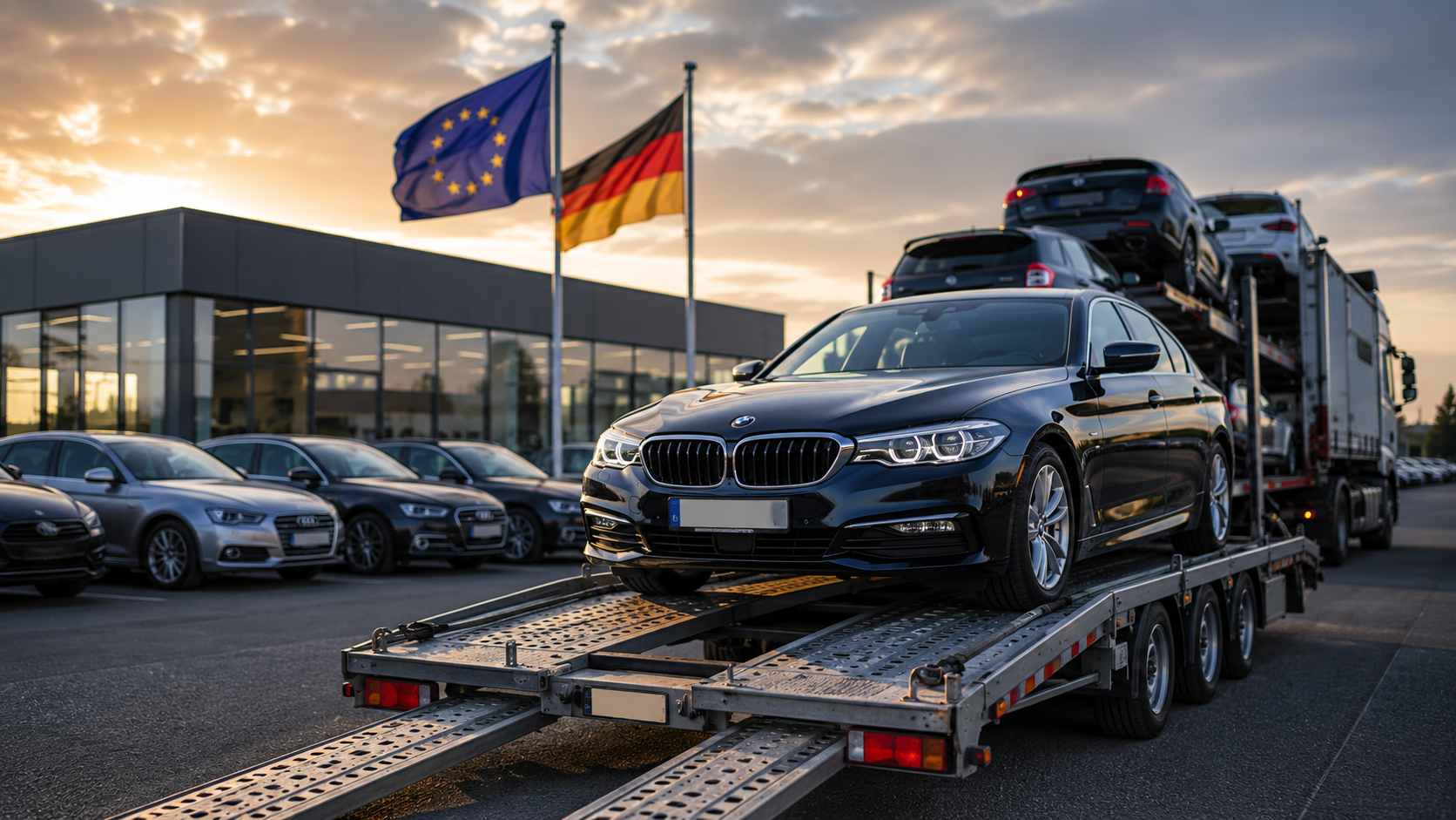 Czarne auto osobowe transportowane z Niemiec na lawecie przed salonem samochodowym