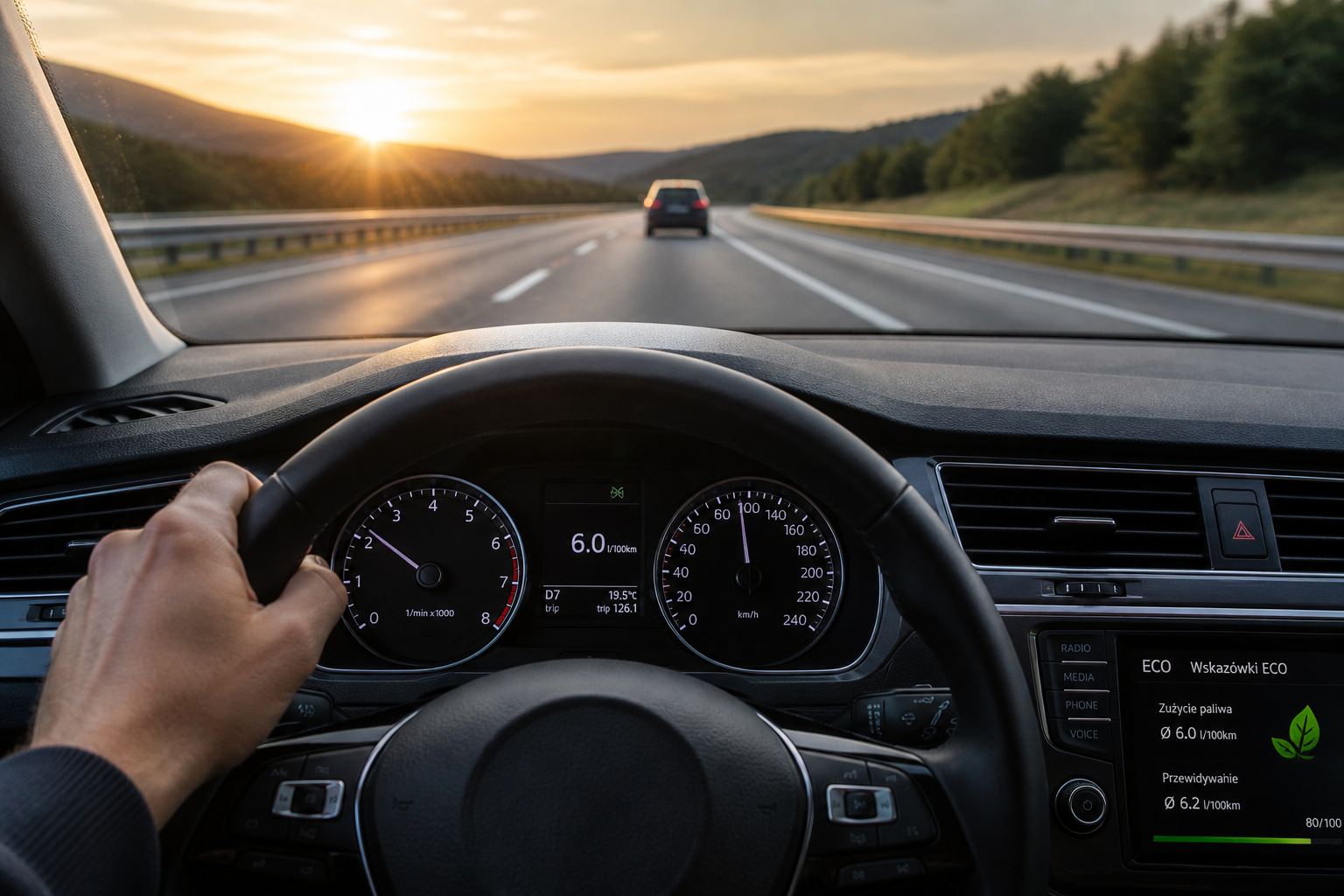 Widok zza kierownicy podczas spokojnej jazdy autostradą o zachodzie słońca
