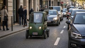 Nietypowy mały samochód o dziwnych proporcjach jadzie miejską ulicą między zwykłymi autami.