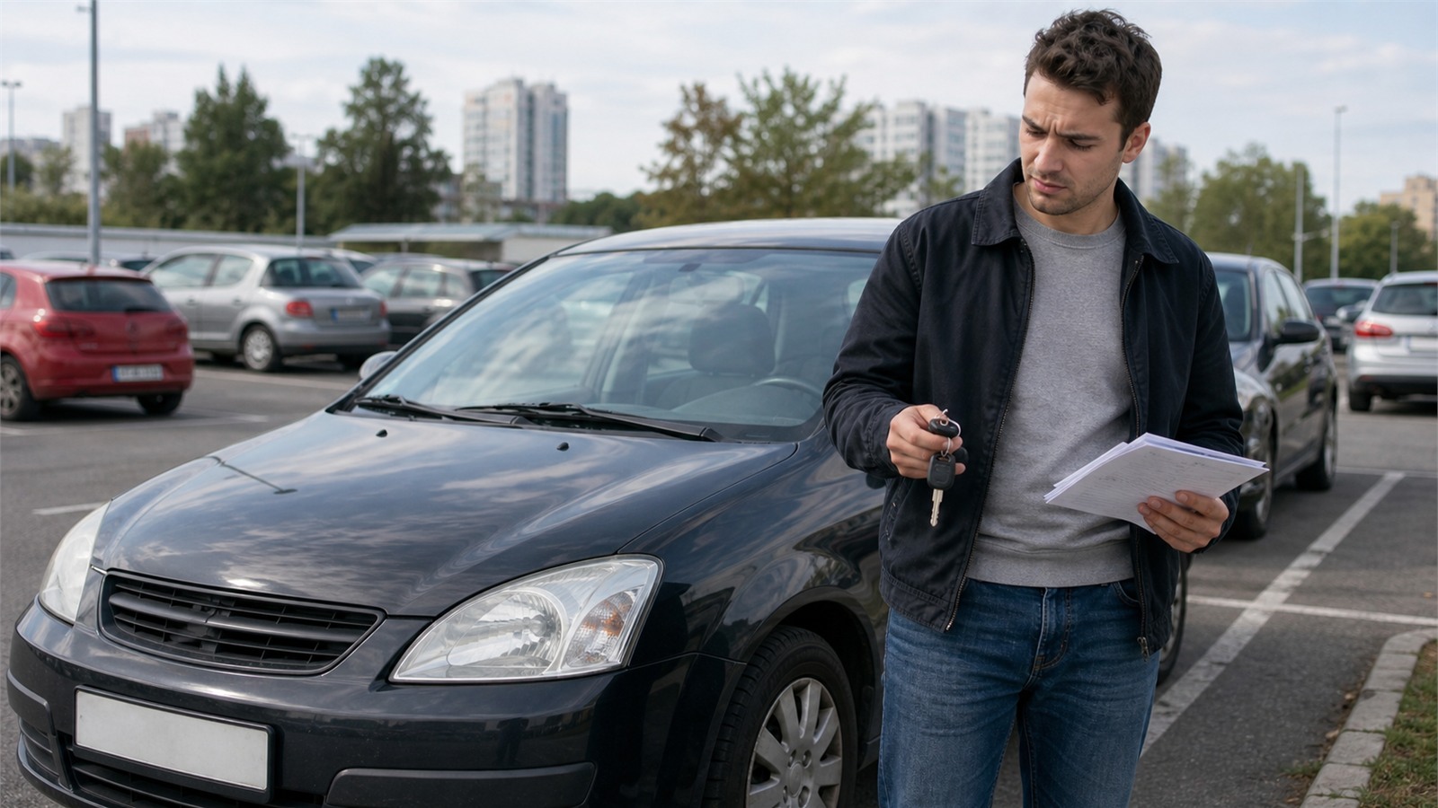 Młody kierowca ogląda używany samochód na parkingu przed zakupem pierwszego auta.