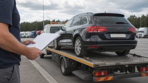 Samochód na lawecie podczas sprowadzania auta z zagranicy.