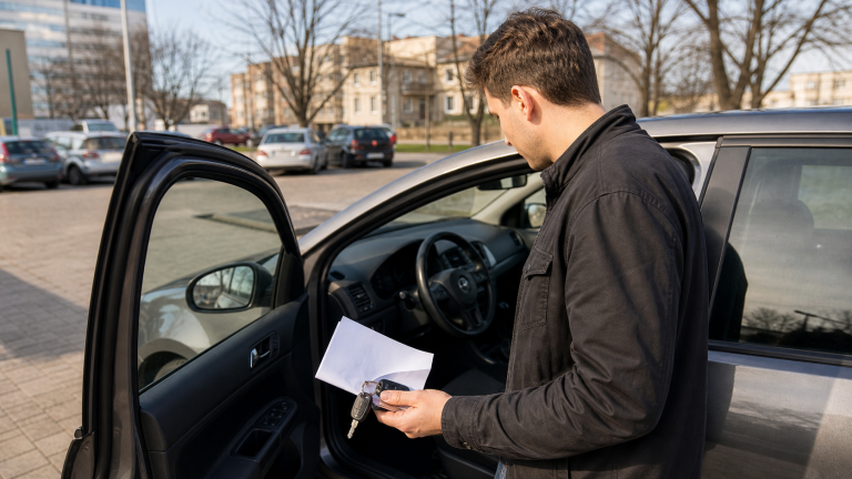 Młody kierowca ogląda używany samochód na parkingu przed zakupem pierwszego auta