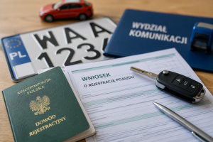 Dokumenty do rejestracji auta z kluczykiem i tablicą rejestracyjną na biurku
