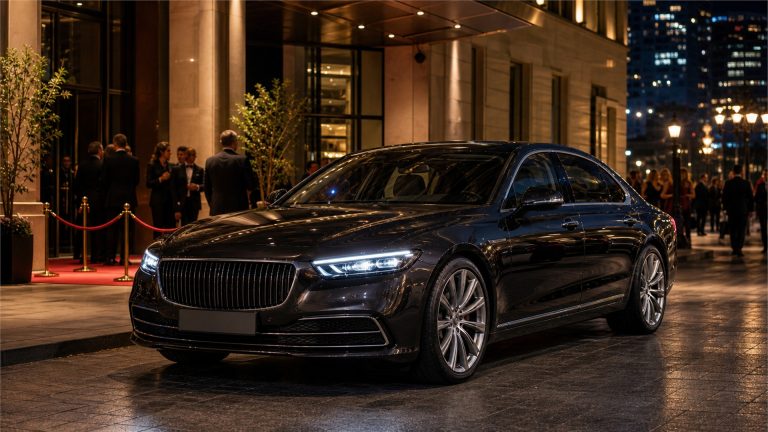 Luksusowy samochód premium przed eleganckim wydarzeniem celebryckim