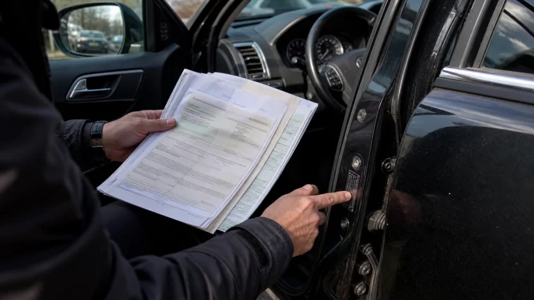 Osoba sprawdzająca numer VIN i dokumenty używanego samochodu przed zakupem