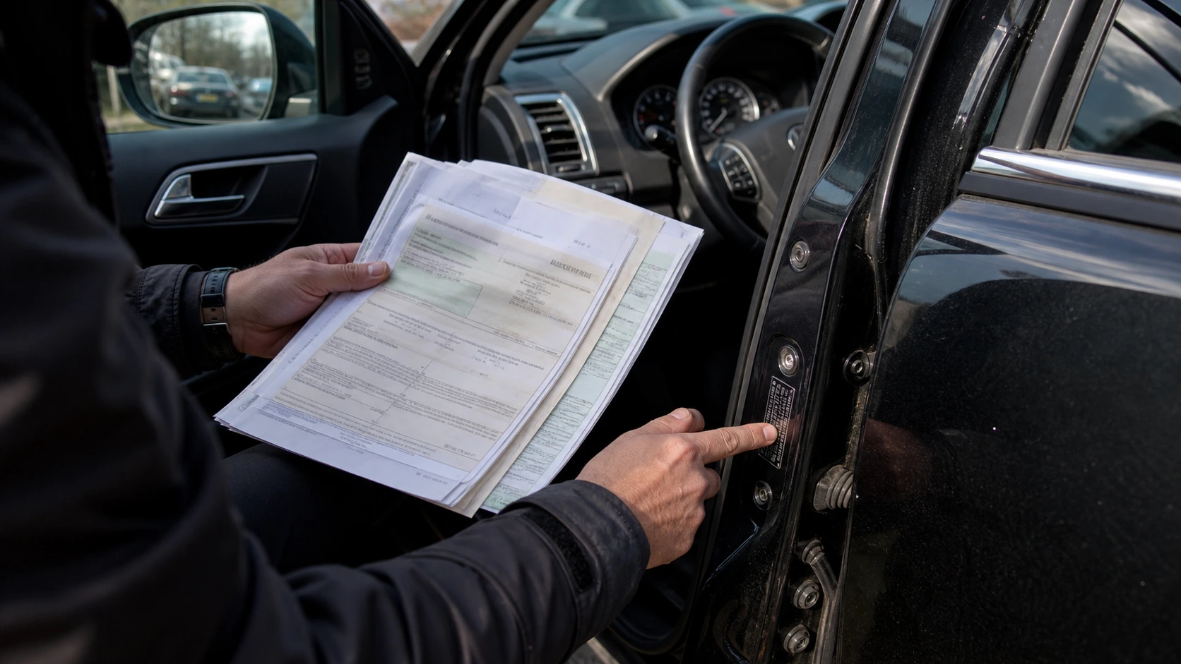 Osoba sprawdzająca numer VIN i dokumenty używanego samochodu przed zakupem