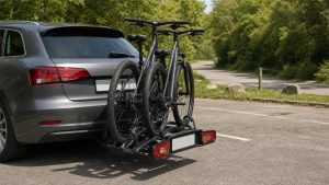 Samochód z bagażnikiem rowerowym na hak i rowerami przygotowanymi do transportu