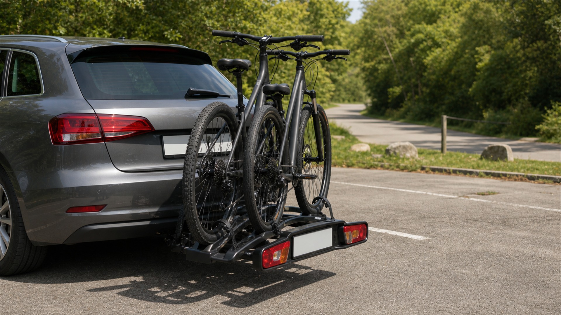 Samochód z bagażnikiem rowerowym na hak i rowerami przygotowanymi do transportu
