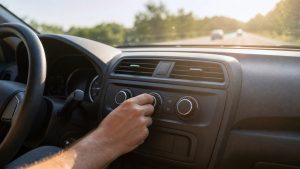Kierowca ekonomicznie ustawia klimatyzację w samochodzie podczas letniej jazdy