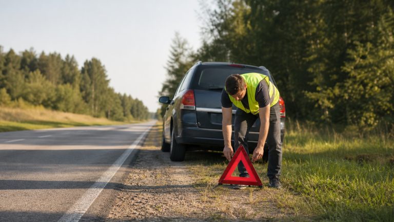 Samochód stojący na poboczu podczas awarii w trasie z trójkątem ostrzegawczym ustawianym przez kierowcę.