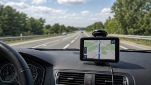 Nawigacja samochodowa zamontowana na desce rozdzielczej podczas jazdy w trasie.