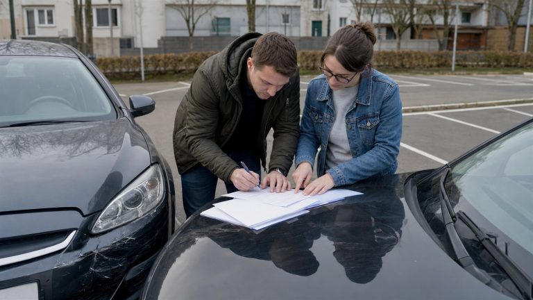 Kierowcy wypełniający europejski formularz wypadkowy po kolizji