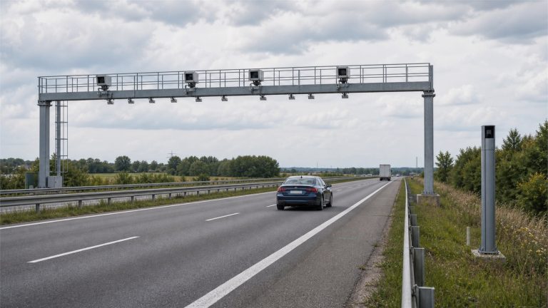 Fotoradar i bramownica odcinkowego pomiaru prędkości na europejskiej drodze