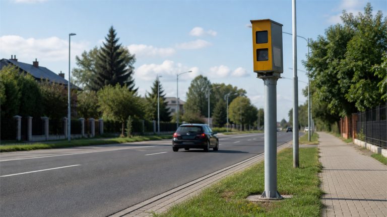 Fotoradar przy polskiej drodze rejestrujący ruch samochodów