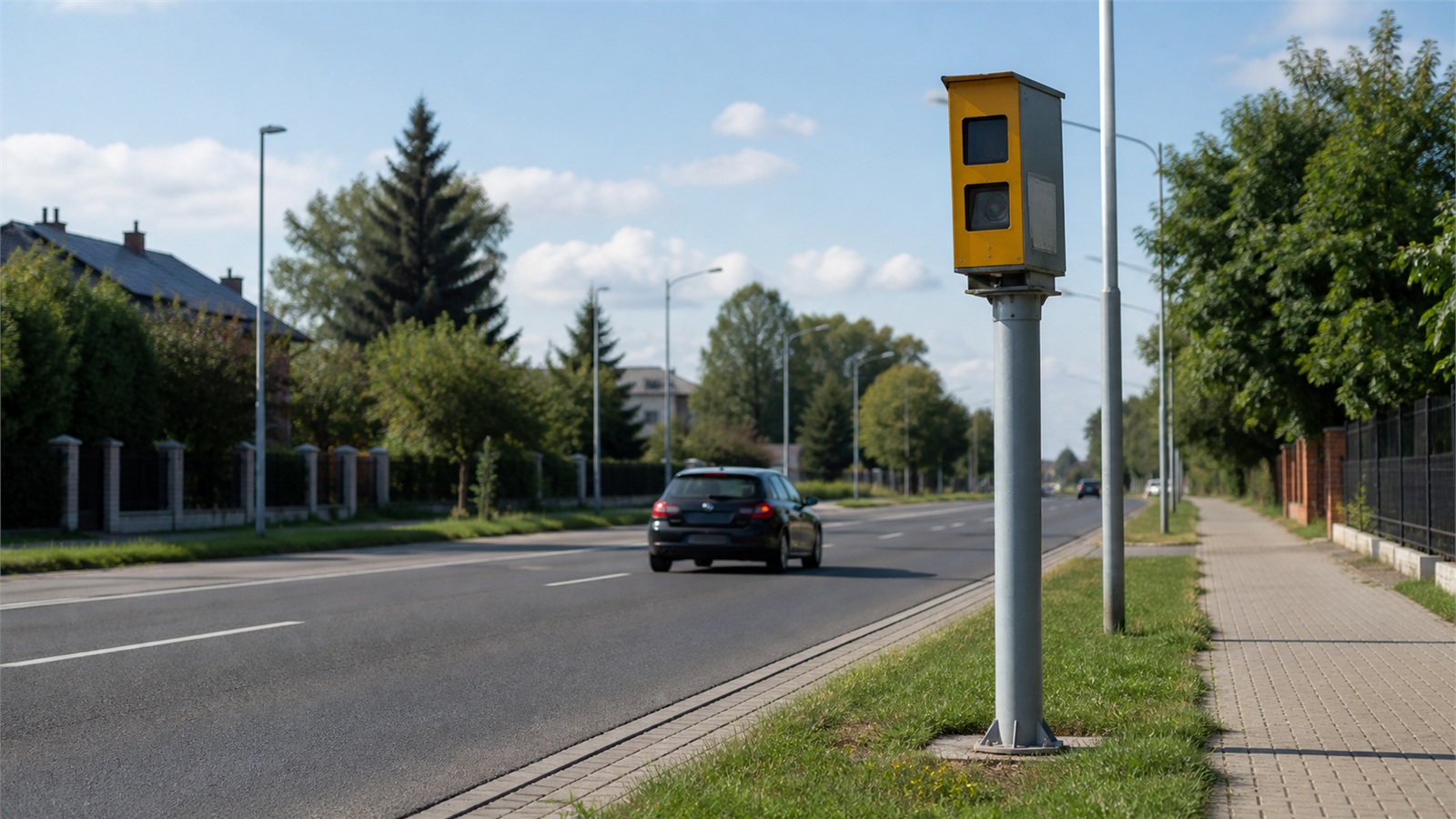 Fotoradar przy polskiej drodze rejestrujący ruch samochodów
