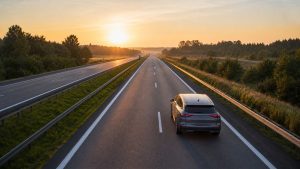 Samochód na pustej drodze o wschodzie słońca przedstawiający najlepsze godziny wyjazdu