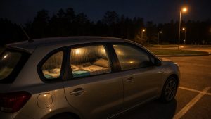 Samochód zaparkowany nocą na parkingu przygotowany do spania w środku.