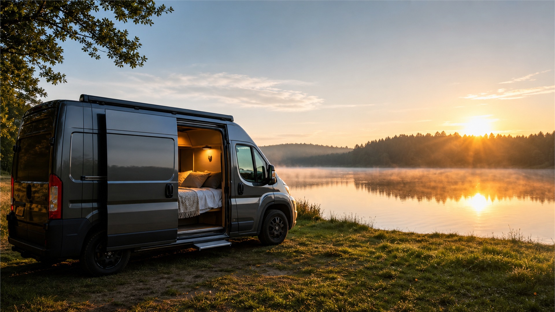 Van zaparkowany nad jeziorem podczas porannego wyjazdu vanlife w Polsce