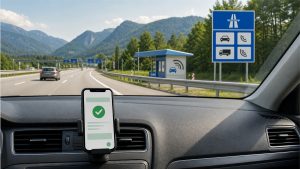 Samochód na europejskiej autostradzie podczas podróży wymagającej winiety