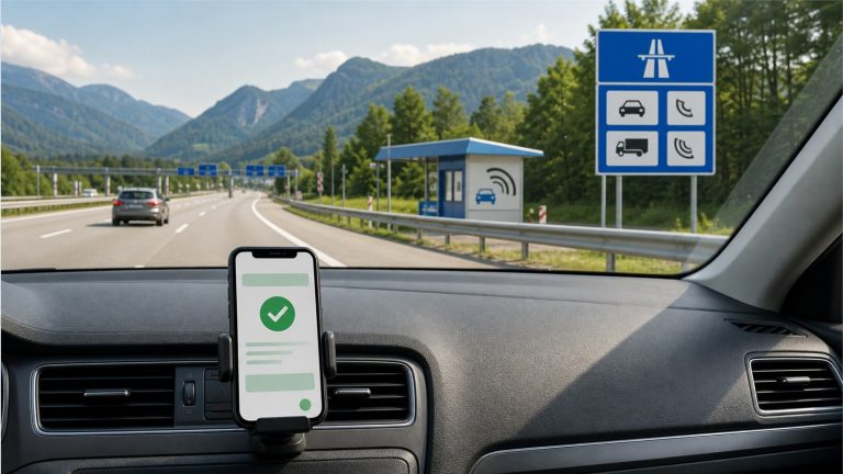 Samochód na europejskiej autostradzie podczas podróży wymagającej winiety