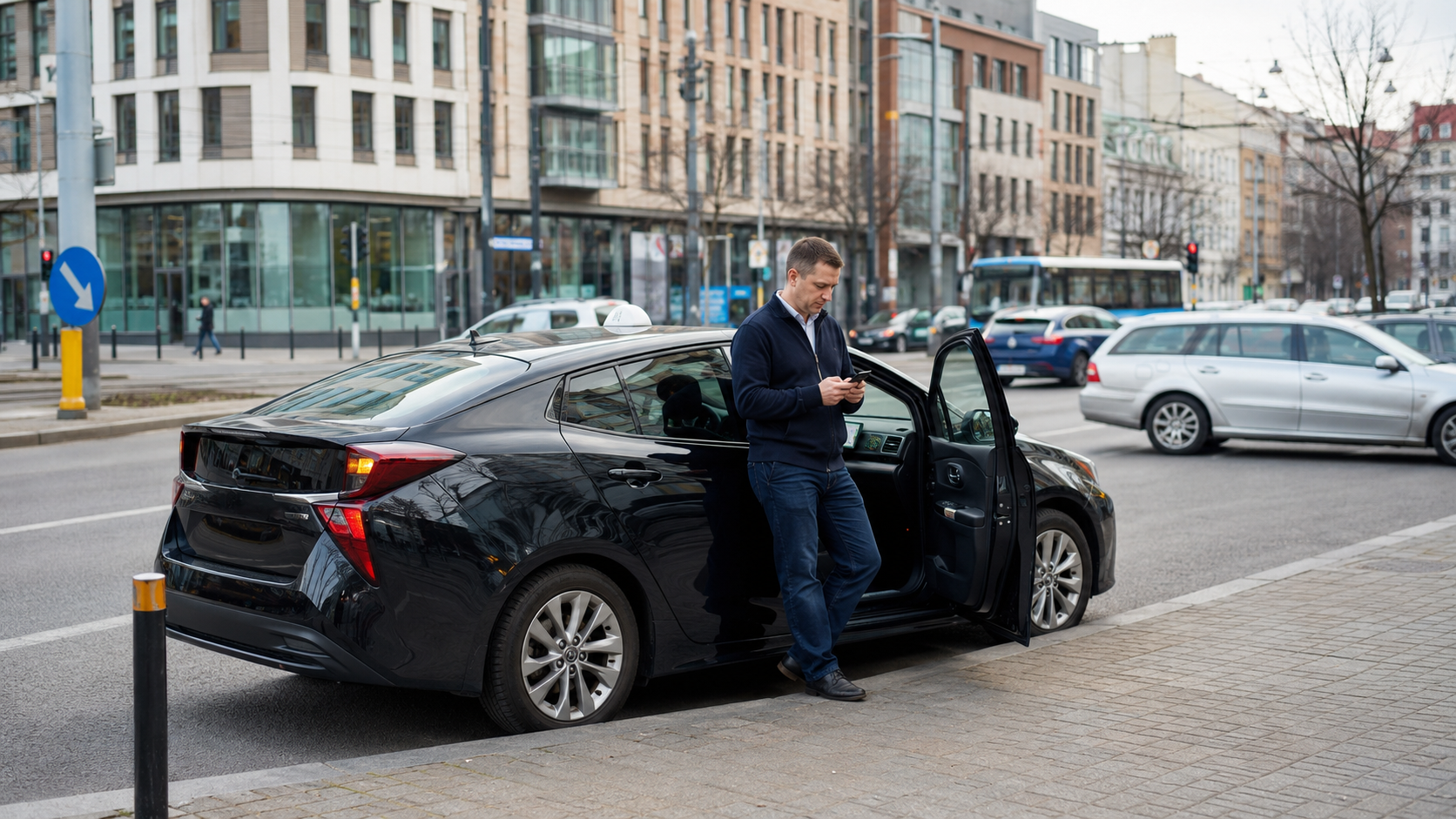 Kierowca taxi sprawdza telefon przy wynajętym samochodzie zaparkowanym przy ulicy w dużym mieście.