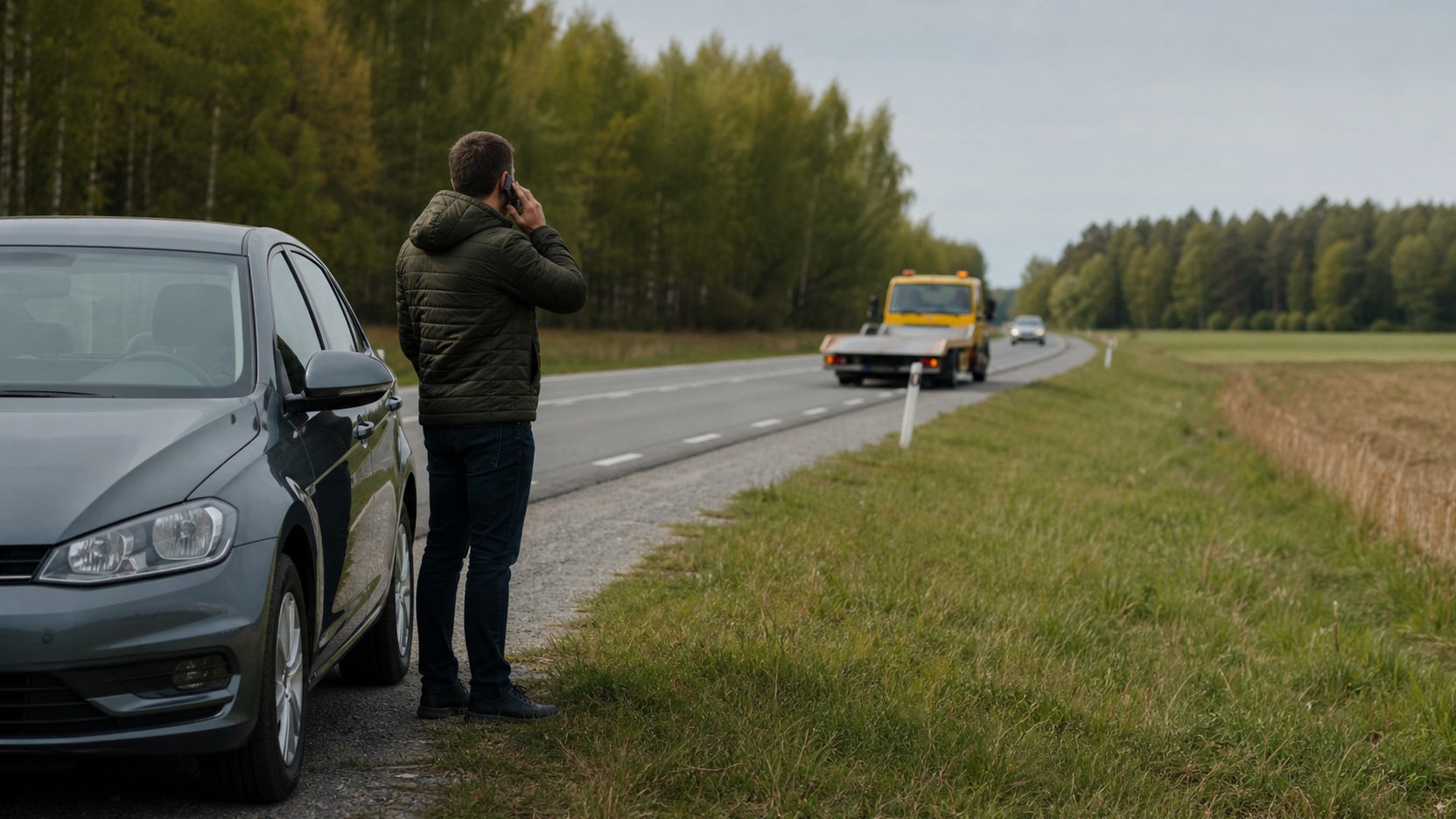 Kierowca przy unieruchomionym samochodzie czekający na pomoc assistance i lawetę