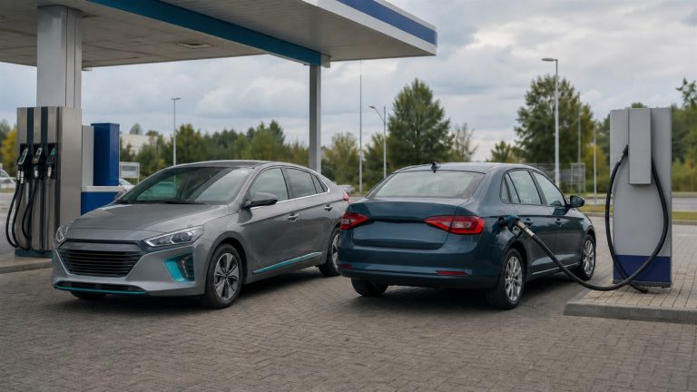 Samochód hybrydowy i auto z LPG przy stacji paliw