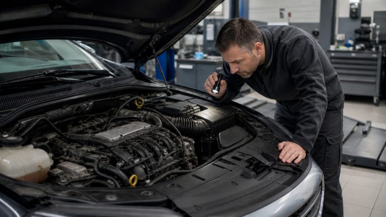 Mechanik sprawdzający silnik używanego samochodu przed zakupem