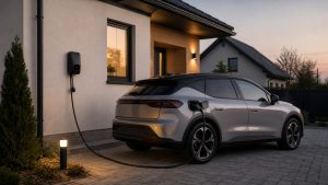 Samochód elektryczny ładowany z domowego wallboxa na podjeździe