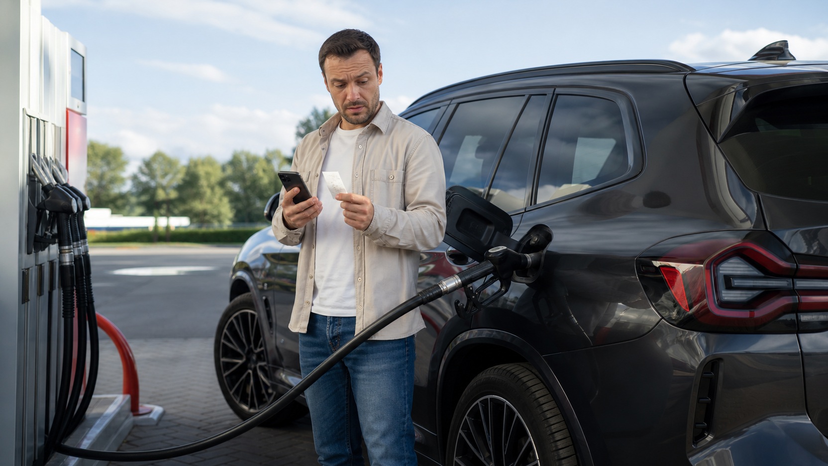 Utrzymanie SUV-a – kierowca sprawdzający wydatki podczas tankowania samochodu