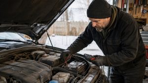 Sprawdzanie zużycia akumulatora samochodowego pod maską auta