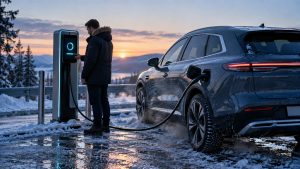 Samochód elektryczny ładowany zimą na zaśnieżonym parkingu