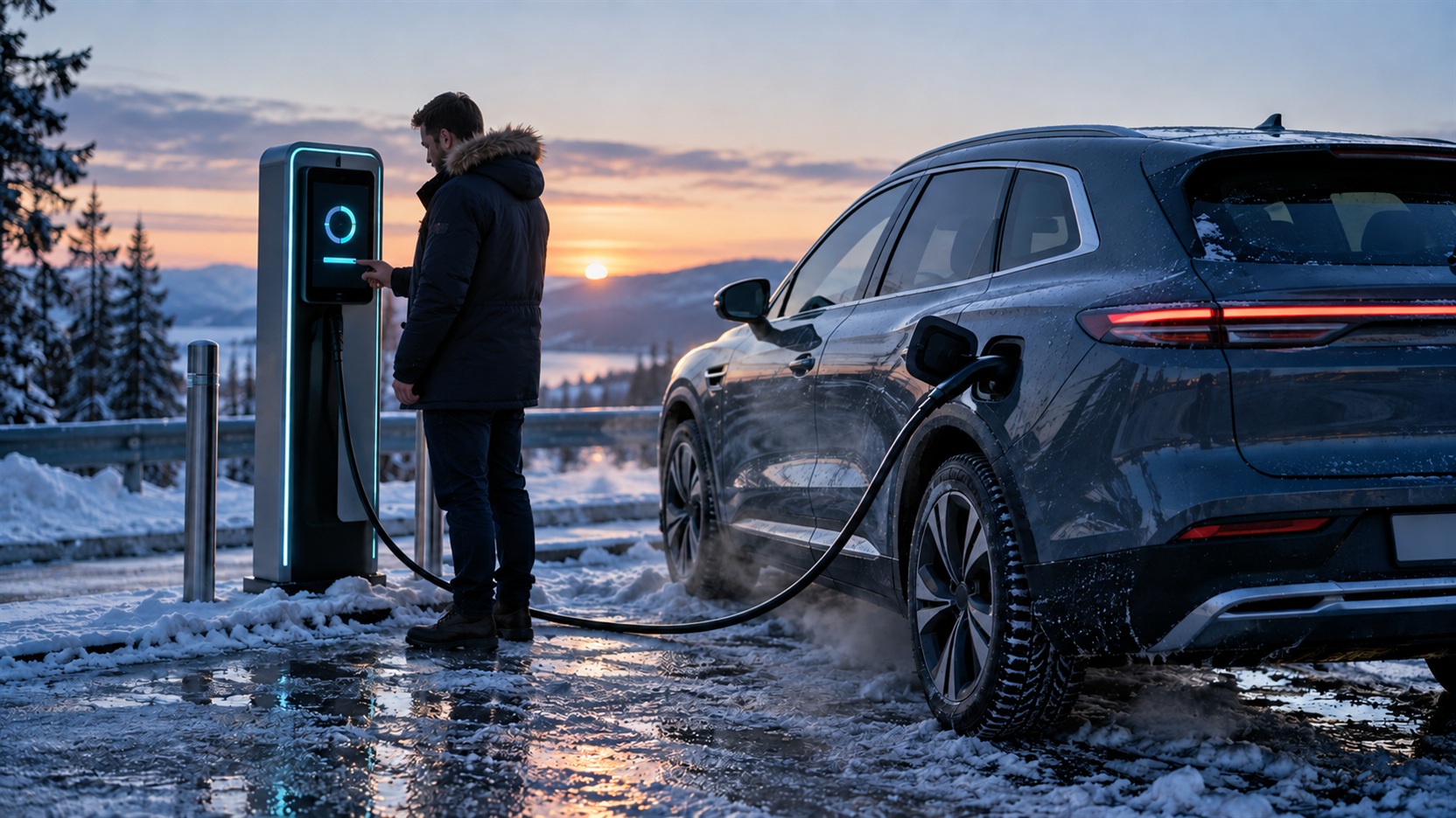 Samochód elektryczny ładowany zimą na zaśnieżonym parkingu
