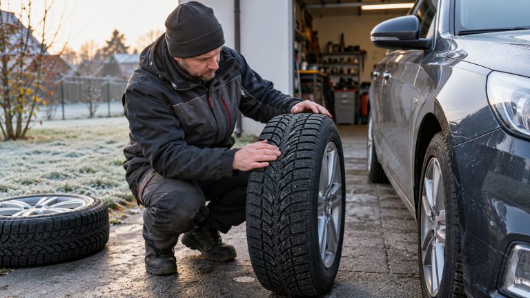 Sprawdzanie opony zimowej przed sezonową wymianą w samochodzie