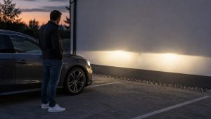 Kontrola oświetlenia auta i ustawienia świateł mijania przed ścianą