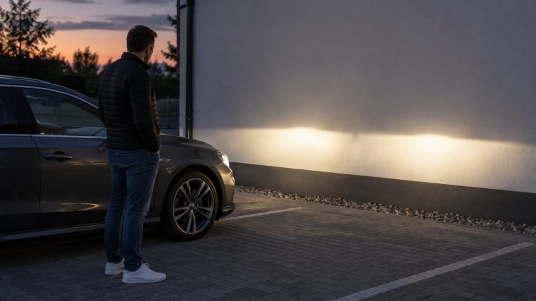 Kontrola oświetlenia auta i ustawienia świateł mijania przed ścianą