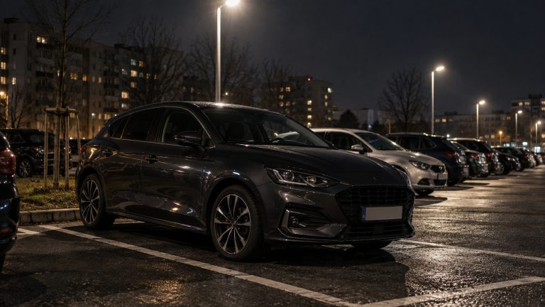 Samochód na nocnym parkingu ilustrujący temat najczęściej kradzionych aut w Polsce