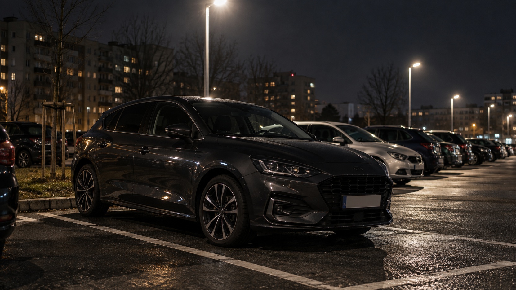 Samochód na nocnym parkingu ilustrujący temat najczęściej kradzionych aut w Polsce