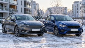Dwa samochody osobowe zaparkowane zimą na ośnieżonym parkingu osiedlowym, ilustrujące porównanie ubezpieczenia AC i mini AC.