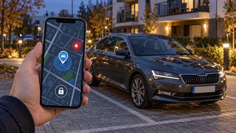 Samochód zaparkowany wieczorem i smartfon z aplikacją pokazującą lokalizację GPS oraz powiadomienie z alarmu samochodowego.
