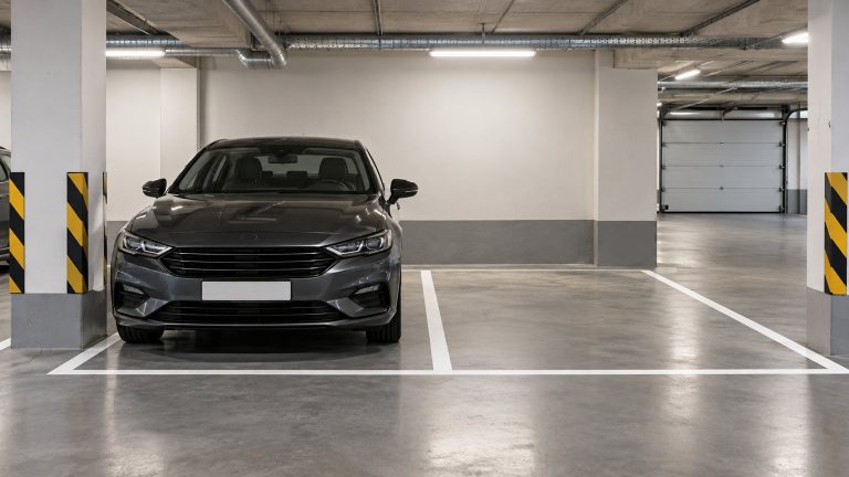Samochód zaparkowany na oznaczonym miejscu garażowym w nowoczesnym garażu podziemnym budynku mieszkalnego.