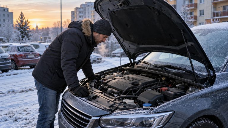 Diesel zimą – kierowca sprawdza silnik i akumulator samochodu podczas mroźnego poranka na zaśnieżonym parkingu.