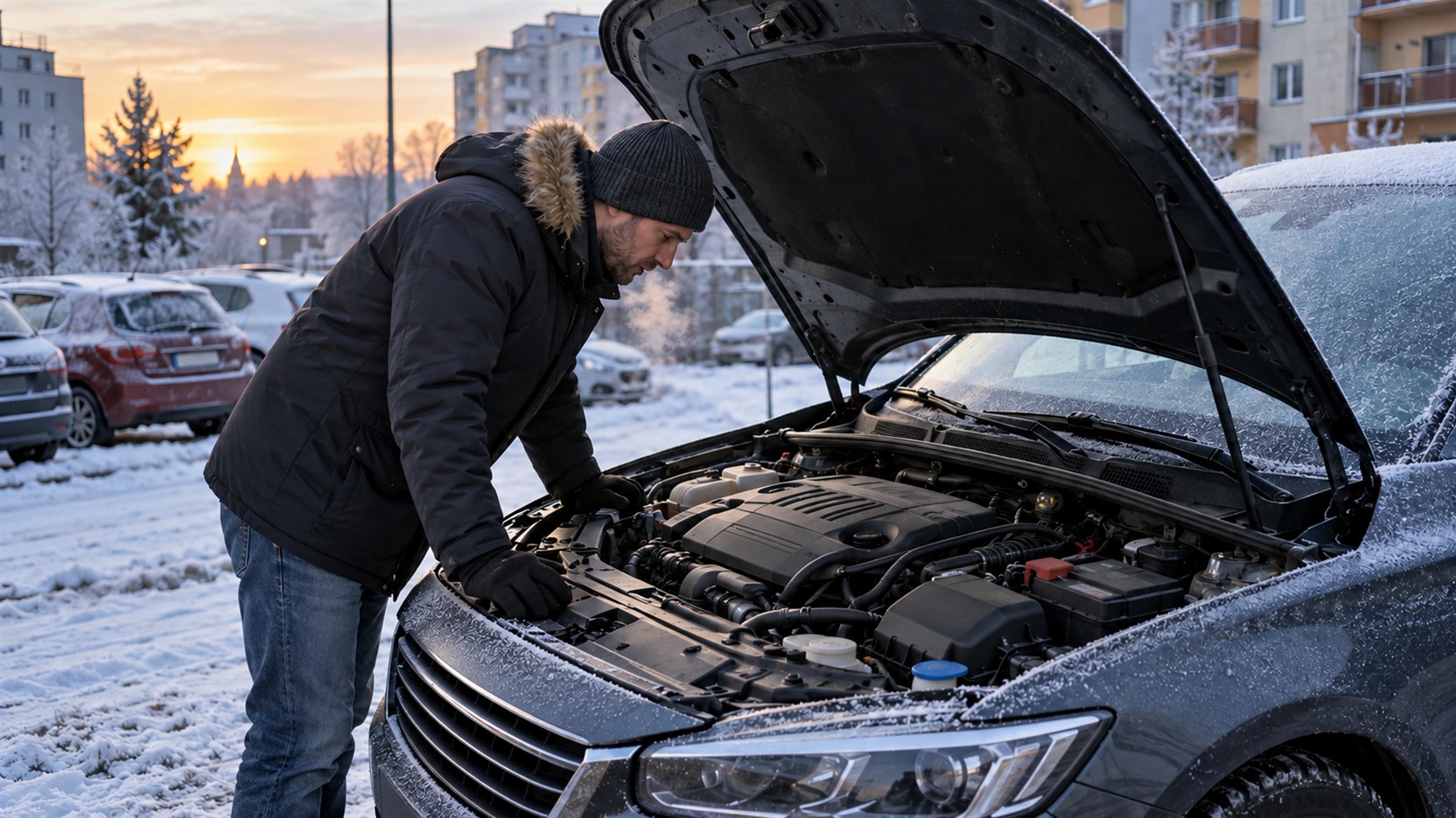 Diesel zimą – kierowca sprawdza silnik i akumulator samochodu podczas mroźnego poranka na zaśnieżonym parkingu.
