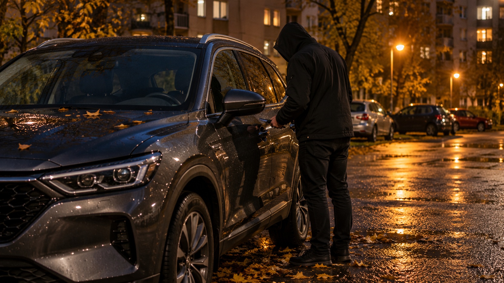 Próba kradzieży samochodu na jesiennym parkingu osiedlowym z wykorzystaniem urządzenia elektronicznego przy drzwiach auta.