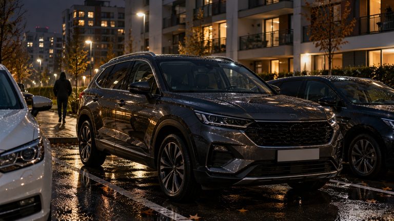 Kradzieże aut w Polsce 2025 – samochody zaparkowane nocą na osiedlowym parkingu w dużym polskim mieście.