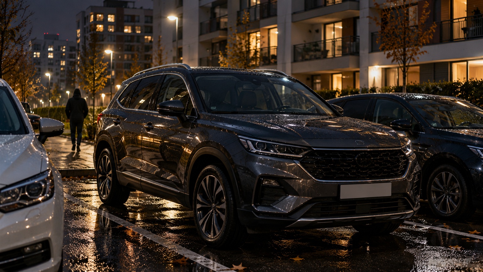 Kradzieże aut w Polsce 2025 – samochody zaparkowane nocą na osiedlowym parkingu w dużym polskim mieście.