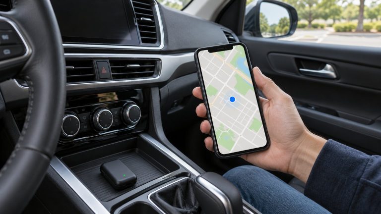 Lokalizator GPS do auta i smartfon z mapą podczas sprawdzania działania urządzenia w zaparkowanym samochodzie.